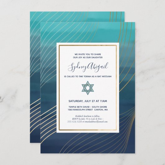 Modern Blue en Gold Bat Mitzvah of Bar Mitzvah Kaart (Voorkant / Achterkant)