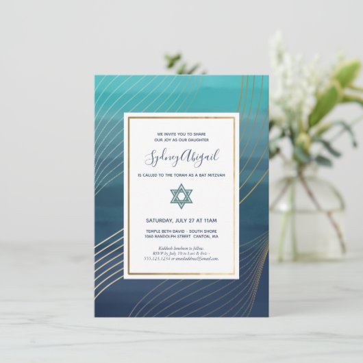 Modern Blue en Gold Bat Mitzvah of Bar Mitzvah Kaart (Staand voorkant)