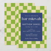 Modern Blue en Green Checkerboard Bar Mitzvah Kaart (Voorkant / Achterkant)