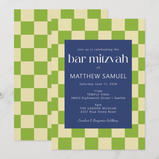 Modern Blue en Green Checkerboard Bar Mitzvah Kaart (Voorkant / Achterkant)