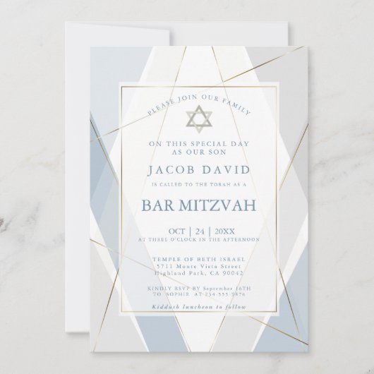 Modern Blue en Grey Lines Bar Mitzvah Kaart (Voorkant)