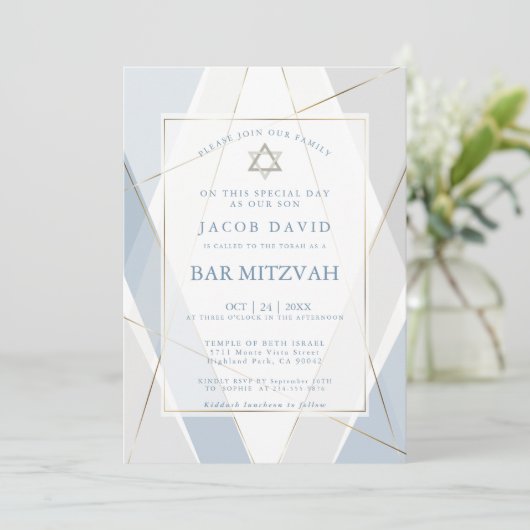 Modern Blue en Grey Lines Bar Mitzvah Kaart (Staand voorkant)