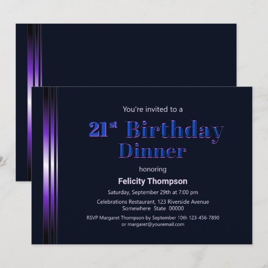 Modern Blue en Paars 21st Birthday Dinner Kaart (Voorkant / Achterkant)