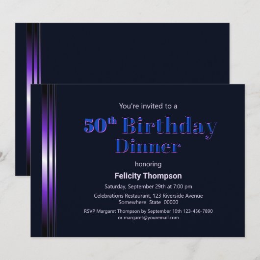 Modern Blue en Paars 50th Birthday Dinner Kaart (Voorkant / Achterkant)
