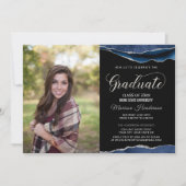Modern Blue en Silver Afstuderen Photo Invite Kaart (Voorkant)
