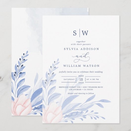 Modern Blue Eucalyptus Greenery Succulent Wedding Kaart (Voorkant / Achterkant)