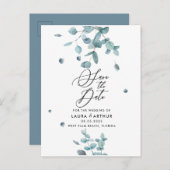 Modern Blue Eucalyptus Wedding Save the Date Aankondigingskaart (Voorkant / Achterkant)