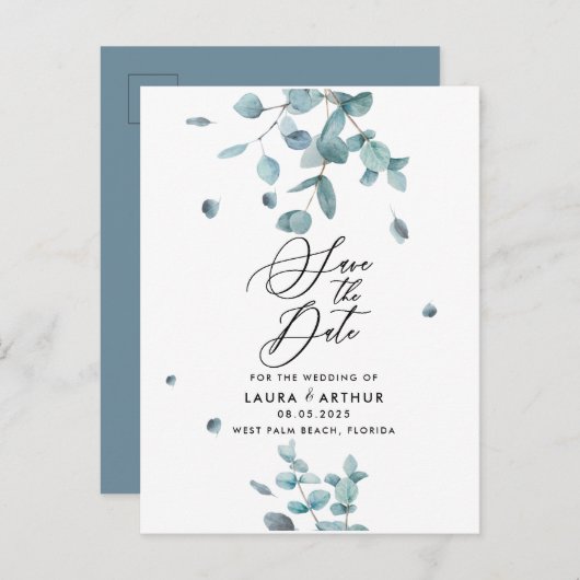 Modern Blue Eucalyptus Wedding Save the Date Aankondigingskaart (Voorkant / Achterkant)