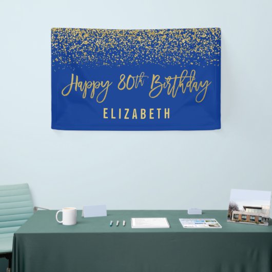 Modern Blue Faux Gold Glitter 80th Birthday Spandoek (Beurs)