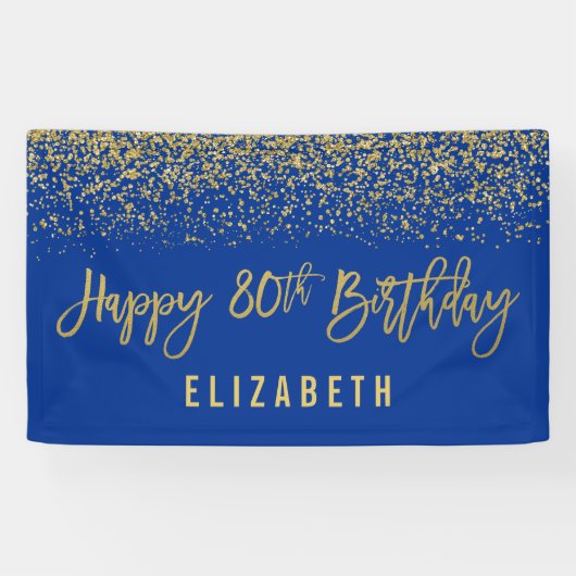 Modern Blue Faux Gold Glitter 80th Birthday Spandoek (Horizontaal)