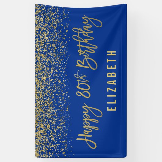 Modern Blue Faux Gold Glitter 80th Birthday Spandoek (Verticaal)