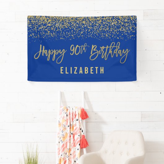 Modern Blue Faux Gold Glitter 90th Birthday Spandoek (Insitu)