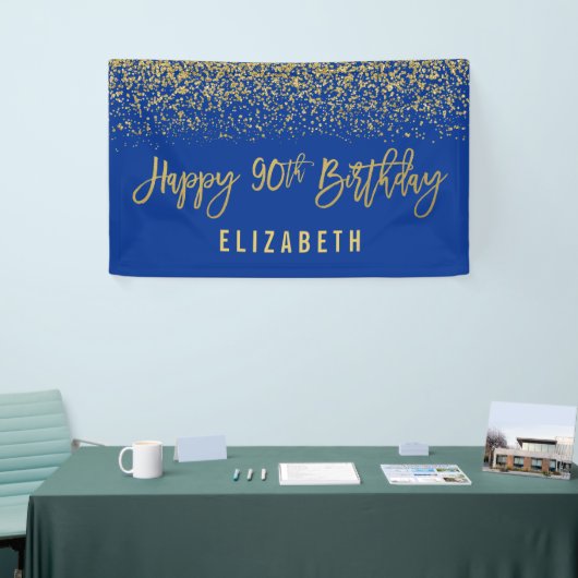 Modern Blue Faux Gold Glitter 90th Birthday Spandoek (Beurs)