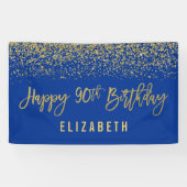 Modern Blue Faux Gold Glitter 90th Birthday Spandoek (Horizontaal)