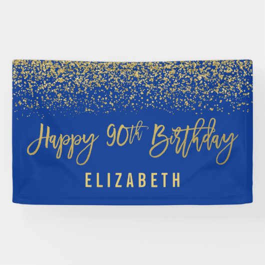 Modern Blue Faux Gold Glitter 90th Birthday Spandoek (Horizontaal)