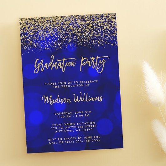 Modern Blue Faux Gold Glitter Graduation Party Kaart