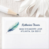 Modern Blue Feather Wedding Retouradres Etiket (Insitu)