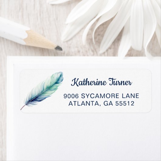 Modern Blue Feather Wedding Retouradres Etiket (Insitu)