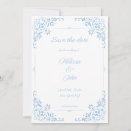 Modern Blue Filigree French Country Save the Date Kaart