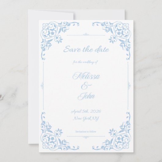 Modern Blue Filigree French Country Save the Date Kaart (Voorkant)