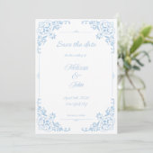 Modern Blue Filigree French Country Save the Date Kaart (Staand voorkant)
