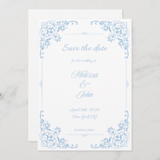 Modern Blue Filigree French Country Save the Date Kaart (Voorkant / Achterkant)