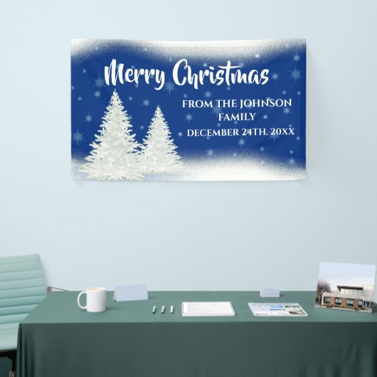 Modern Blue Fir Tree Kerstmis  Spandoek (Beurs)