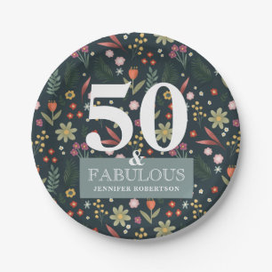 Modern Blue Floral 50 en Fabulous Birthday Paper Papieren Bordje