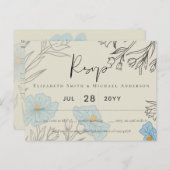 Modern Blue Floral Abstract Wedding RSVP Briefkaart (Voorkant / Achterkant)