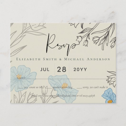 Modern Blue Floral Abstract Wedding RSVP Briefkaart (Voorkant)