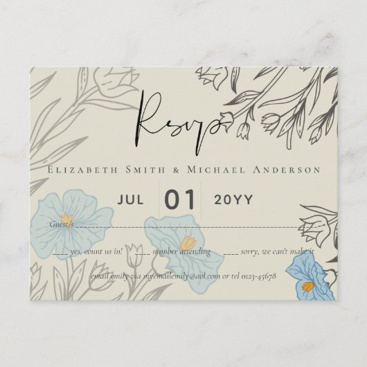 Modern Blue Floral Abstract Wedding RSVP Briefkaart (Voorkant)
