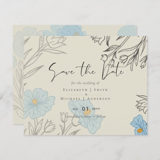 Modern Blue Floral Abstract Wedding SAve the Date (Voorkant / Achterkant)