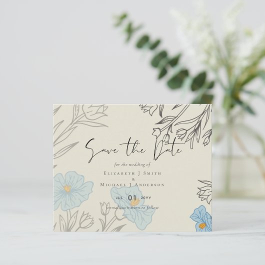 Modern Blue Floral Abstract Wedding SAve the Date (Staand voorkant)