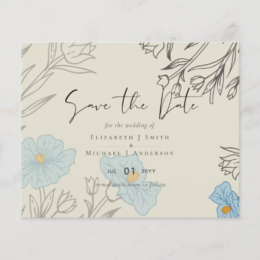 Modern Blue Floral Abstract Wedding SAve the Date (Voorkant)