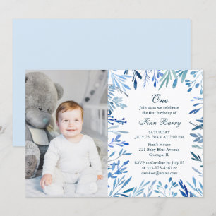 Modern Blue Floral Boy 1st Birthday Foto Kaart