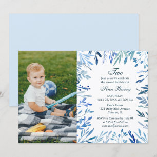 Modern Blue Floral Boy 2e verjaardag Foto Kaart