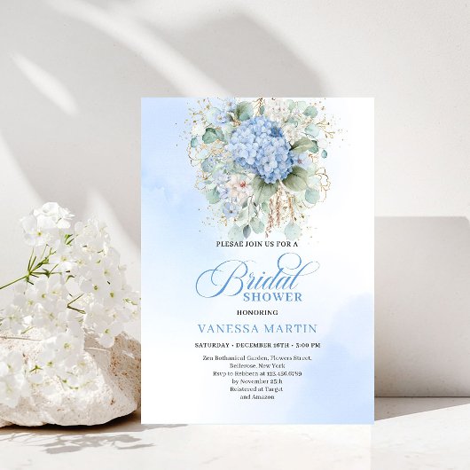 Modern Blue Floral Bridal Shower Gold Invitation Kaart
