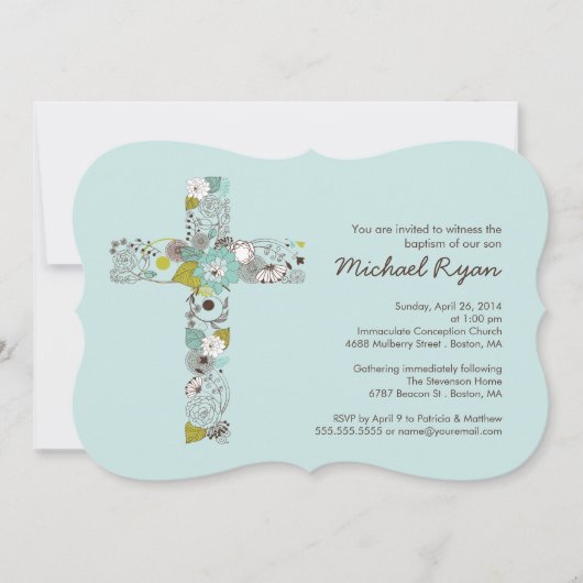 Modern Blue Floral Cross Boys Baptisme Invitation Kaart (Voorkant)