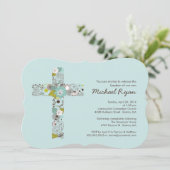 Modern Blue Floral Cross Boys Baptisme Invitation Kaart (Staand voorkant)