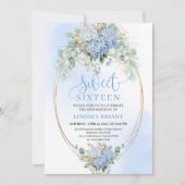 Modern Blue Floral Eucalyptus Gold Sweet 16 Invite Kaart (Voorkant)