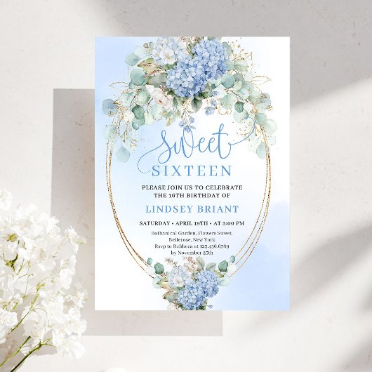 Modern Blue Floral Eucalyptus Gold Sweet 16 Invite Kaart