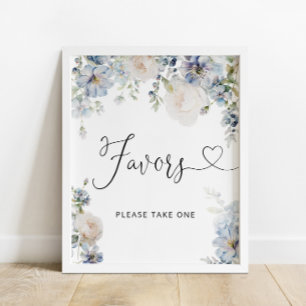 Modern Blue Floral Favors Baby shower Poster