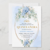 Modern Blue Floral Gold 15th Birthday Invitation Kaart (Voorkant)