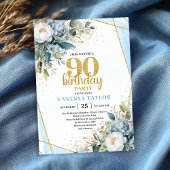 Modern Blue Floral Gold Frame 90th Birthday Invite Kaart