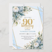 Modern Blue Floral Gold Frame 90th Birthday Invite Kaart (Voorkant)