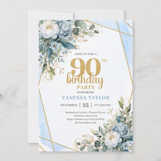 Modern Blue Floral Gold Frame 90th Birthday Invite Kaart (Voorkant)