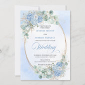 Modern Blue Floral Gold Oval Wedding Invite Kaart (Voorkant)