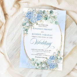 Modern Blue Floral Gold Oval Wedding Invite Kaart