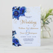 Modern Blue Floral Gold Swirl Wedding Kaart (Staand voorkant)