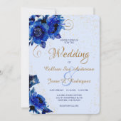 Modern Blue Floral Gold Swirl Wedding Kaart (Voorkant)